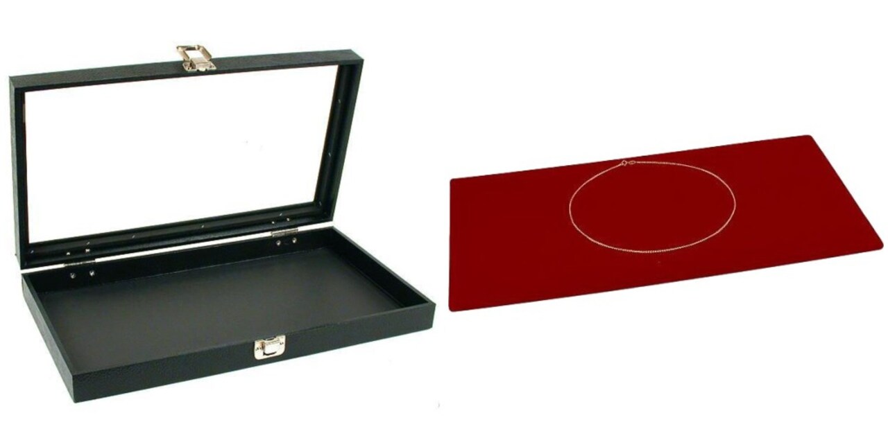 Black Glass Top Jewelry Case w/ 1 Red Velvet Display Insert (Single metal latch)